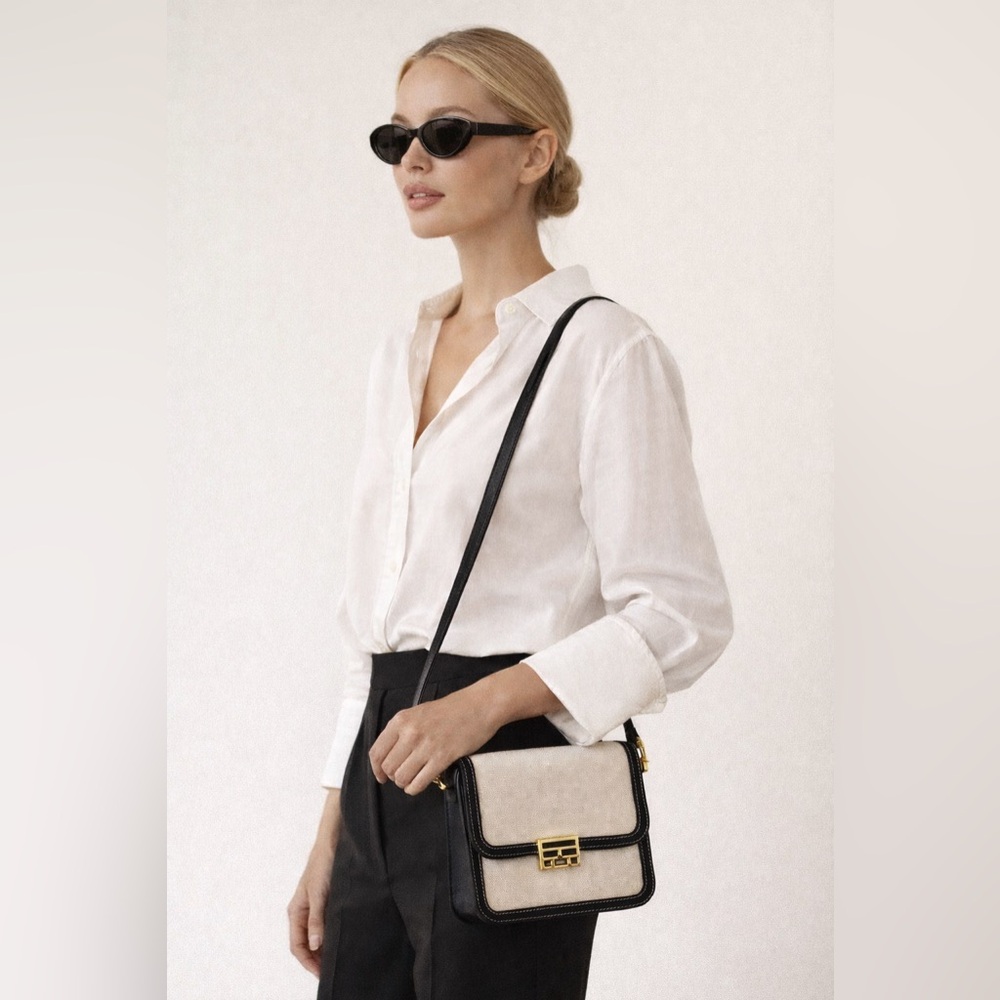 FRAME Le Signature Mini Bag Black Cream Canvas Leather Crossbody Brass Hardware - Picture 2 of 15